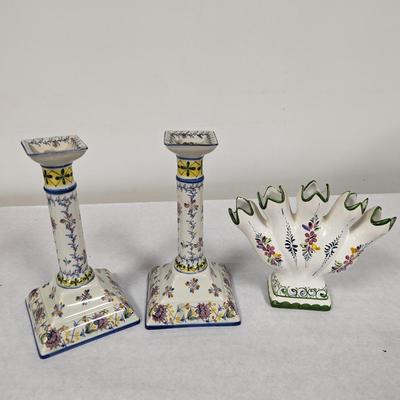 Portugal Hand Painted Floral Vase & Candle Holders