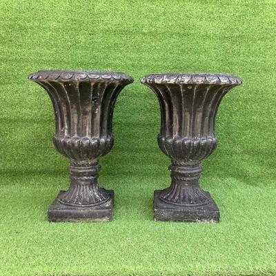 160 Pair of Large Black Pedestal Fiberglass Planters