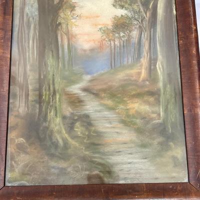 Antique Framed Forest Path chalk on paper landscape