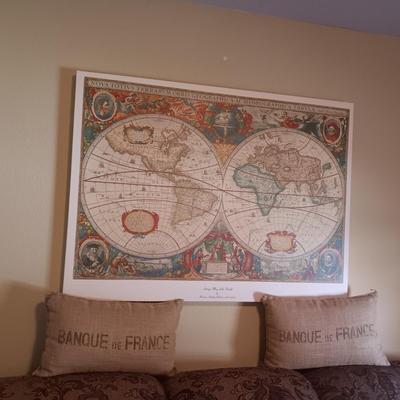 REPRODUCTION ANTIQUE MAP OF THE WORLD AND 2 BURLAP THROW PILLOWS