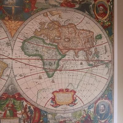 REPRODUCTION ANTIQUE MAP OF THE WORLD AND 2 BURLAP THROW PILLOWS