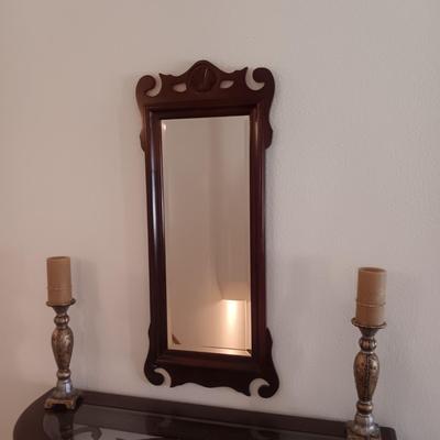WALL MIRROR WITH A PAIR OF CANDLESTICKS & FLAMELESS CANDLES