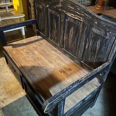 Vintage Distressed Black Entry Way Bench Storage Bench Pine or Fir Wood w/ 2 Drawers - Excellent Condition