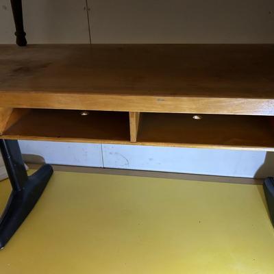 Vintage 1950s Maple Butcher Block Top Student Desk with Black Steel Legs
