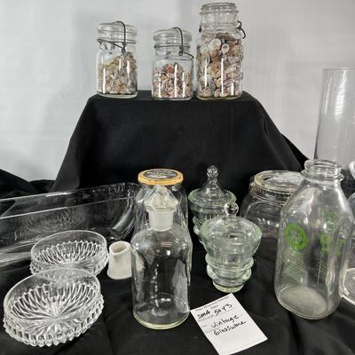 Vintage bottles , sea shells, glassware