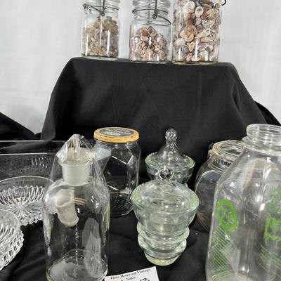 Vintage bottles , sea shells, glassware