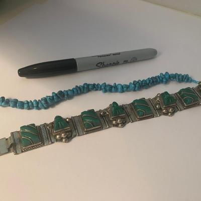 Antique Turquoise Necklace Silver Bracelet Earrings Set + Misc Bracelets