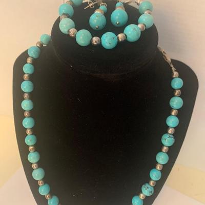 Antique Turquoise Necklace Silver Bracelet Earrings Set + Misc Bracelets
