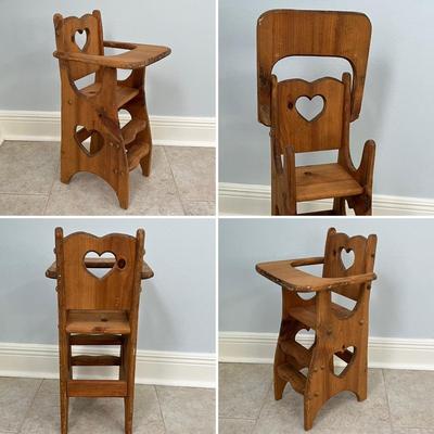 Vtg. Solid Wood Doll Cradle & High Chair