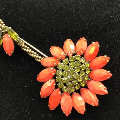 Vibrant Vintage WEISS Orange OPAGUE Navettes ORANGE RHINESTONE Flower Brooch PIN