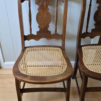 Antique Burl Walnut Wood & Cane Seat Chairs (2)