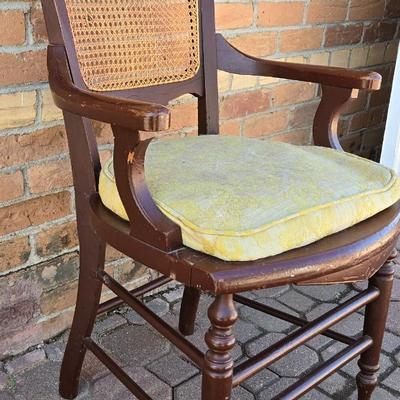 Antique Wood & Cane Chair with Padded Upholstery Seat