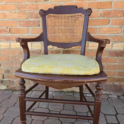 Antique Wood & Cane Chair with Padded Upholstery Seat