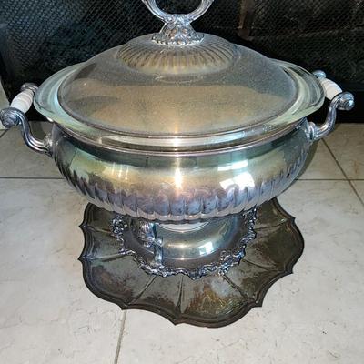 Silver plated chaffing dish with pyrex bowl