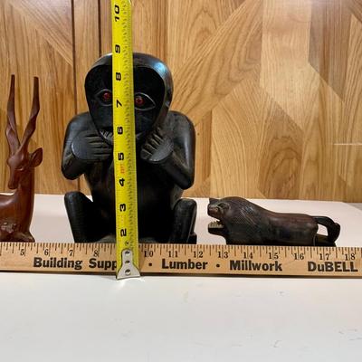 LOT 70: Hand Carved African Folk Art Sculptures, Ebony Wood Monkey & Lion W/ Gazelle