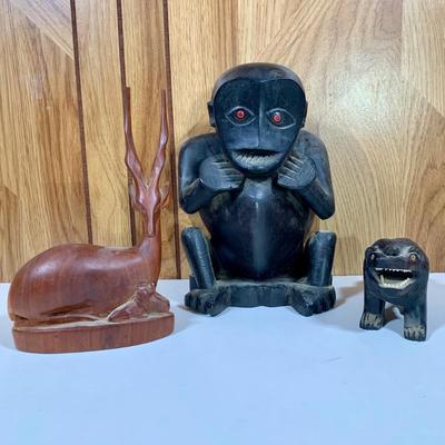 LOT 70: Hand Carved African Folk Art Sculptures, Ebony Wood Monkey & Lion W/ Gazelle