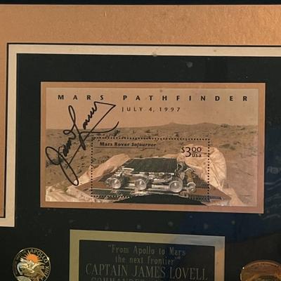 LOT 148: Framed Commemorative Mars Pathfinder Mission Stamp Signed by Apollo 13 Commander Captain James Lovell COA 1 of 5,000