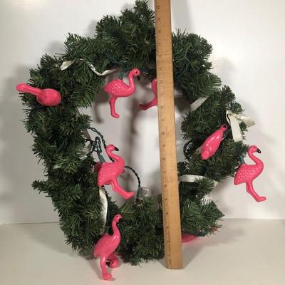 LOT 169: Decorative Flamingo Collection - Cookie Jar, Crossings Sign, Wind Chimes, Wreath & More