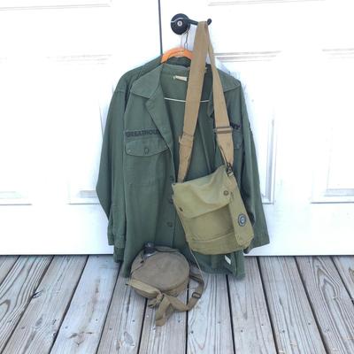 LOT 187: Vintage Military Collection - Bag Marked 1940, Canteen w/ Pouch, Jersey Blues Patch Shirt