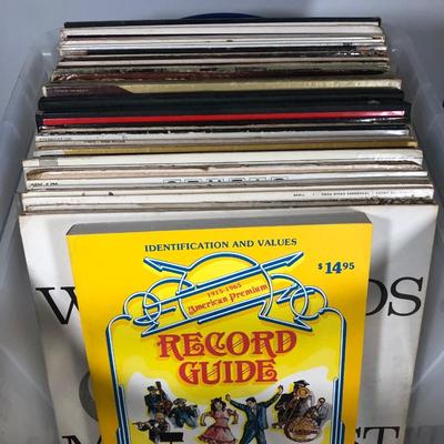 LOT 191: Plastic Record Tote Full of Vinyl Records & Vintage Record Guide Book