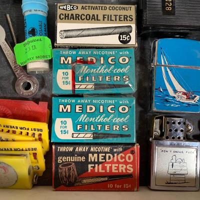 LOT 234: Vintage Sharp Smoke Collection: Pocket Knives, Lighters, Flint, Filters, & Pocket Sharpener