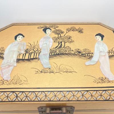 LOT 371: Vintage Asian Gold Lacquer Jewelry Box with Mother of Pearl Embossed Figures