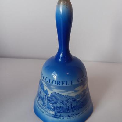 Three blue-print Collectible Colorado porcelain bells - currier & Ives like prints