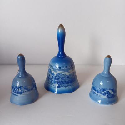 Three blue-print Collectible Colorado porcelain bells - currier & Ives like prints