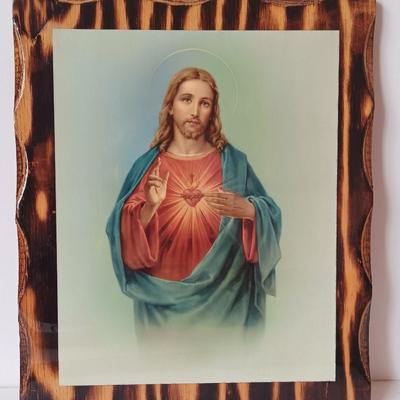 Wood framed Jesus Picture Bradford exchange For God so loved the world and two Seraphim Angel figures.