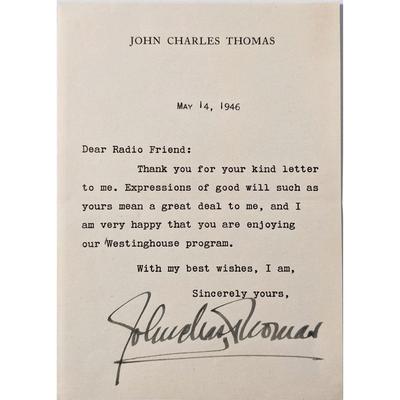 John Charles Thomas Signed Note