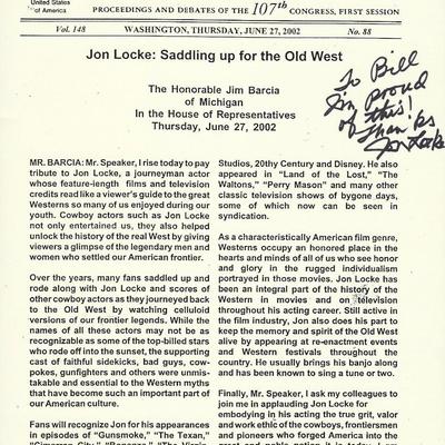 Congressional Record Jon Locke signed newspaper