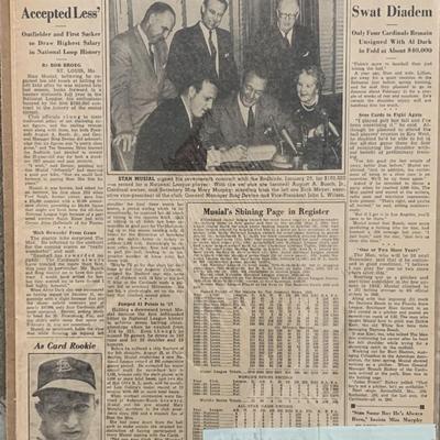 Stan Musial signed check with vintage newspaper