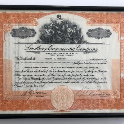 Framed Lindberg Engineering Company Stock Certificate