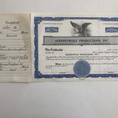 Steppenwolf Productions Inc. Blank Stock Certificate
