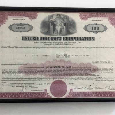 Framed United Aircraft Corporation Stock Certificate