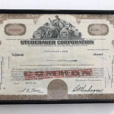 Framed Studebaker Corporation Stock Certificate
