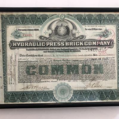 Framed Hydraulic Press Brick Company Stock Certificate