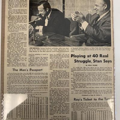 Stan Musial and Roy Campanella Hall Of Fame Announcement Newspaper Article. 1969