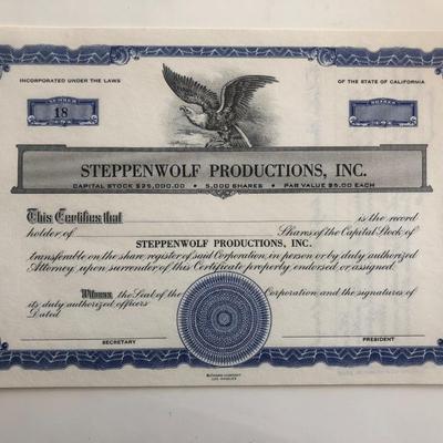 Steppenwolf Productions Inc. Blank Stock Certificate