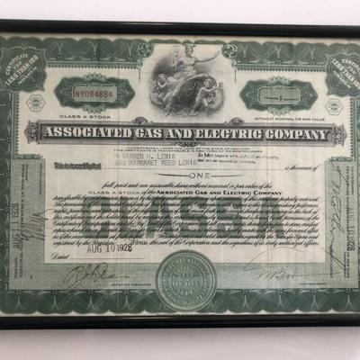 Framed Associated Gas And Electric Company Stock Certificate