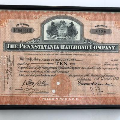 Framed The Pennsylvania Railroad Company Stock Certificate