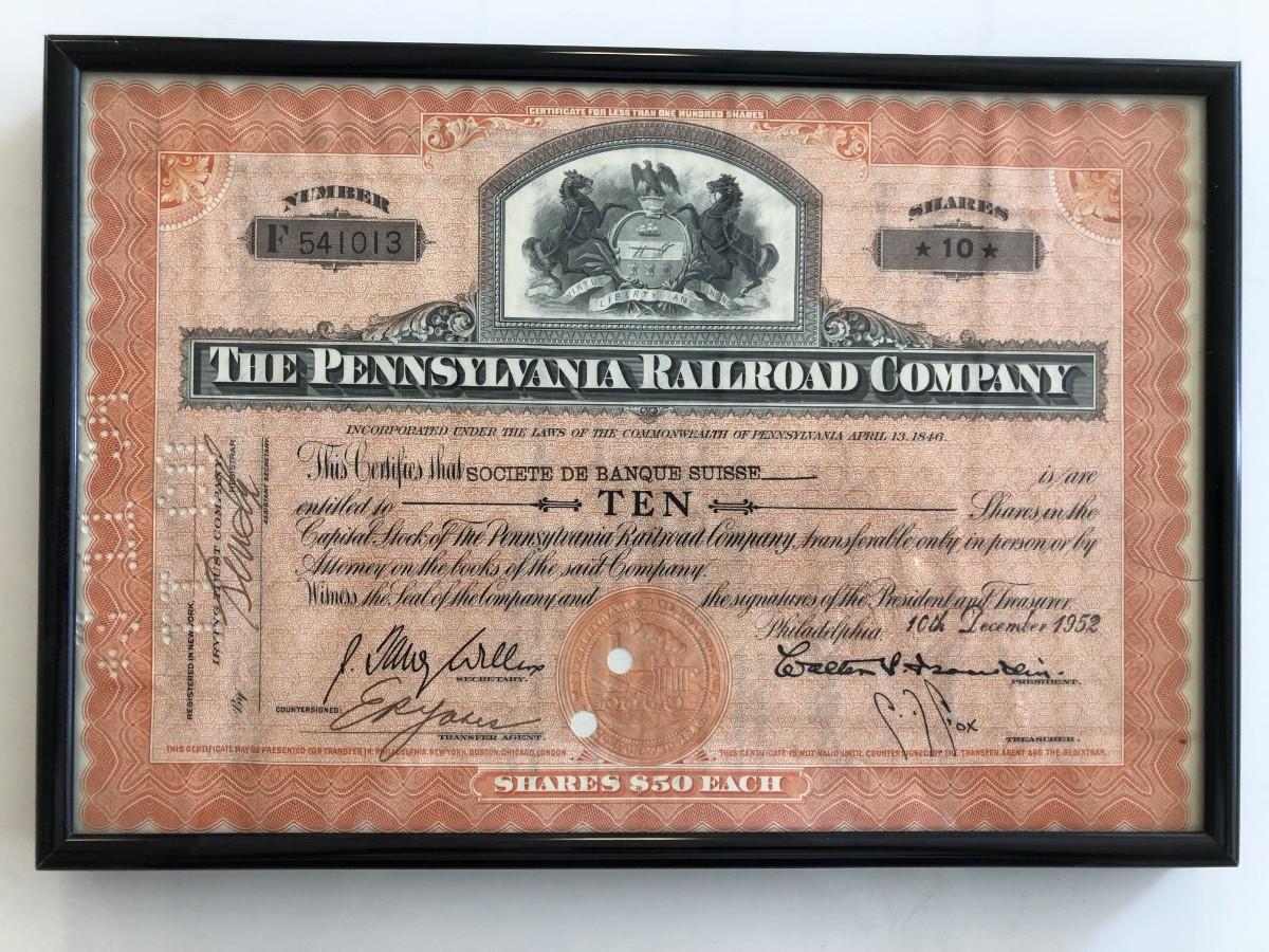 Framed The Pennsylvania Railroad Company Stock Certificate