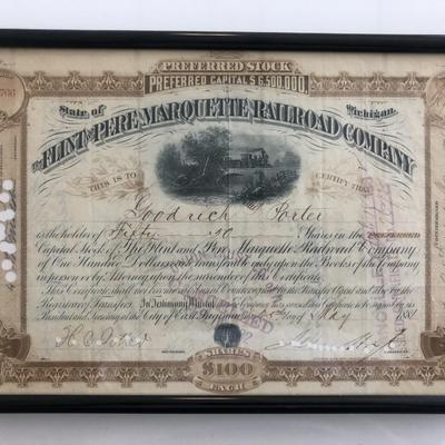 Framed The Flint and Pere Marquette Railroad Company Stock Certificate