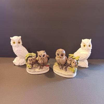 Vintage homeco porcelain owls and two nice Italy signed Alabaster carved owls
