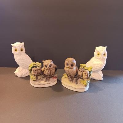 Vintage homeco porcelain owls and two nice Italy signed Alabaster carved owls