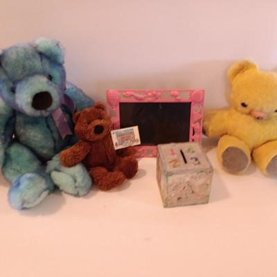 Vintage teddy bear -metal frame - metal piggy bank and other plush bears