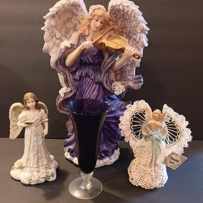 Country lace Angel with Larger purple angel - purple vase and small angel girl