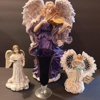 Country lace Angel with Larger purple angel - purple vase and small angel girl