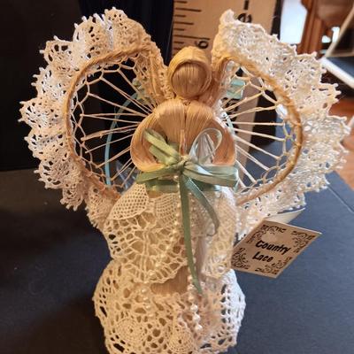 Country lace Angel with Larger purple angel - purple vase and small angel girl