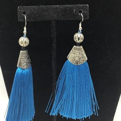 Teal blue E- Tassel earrings